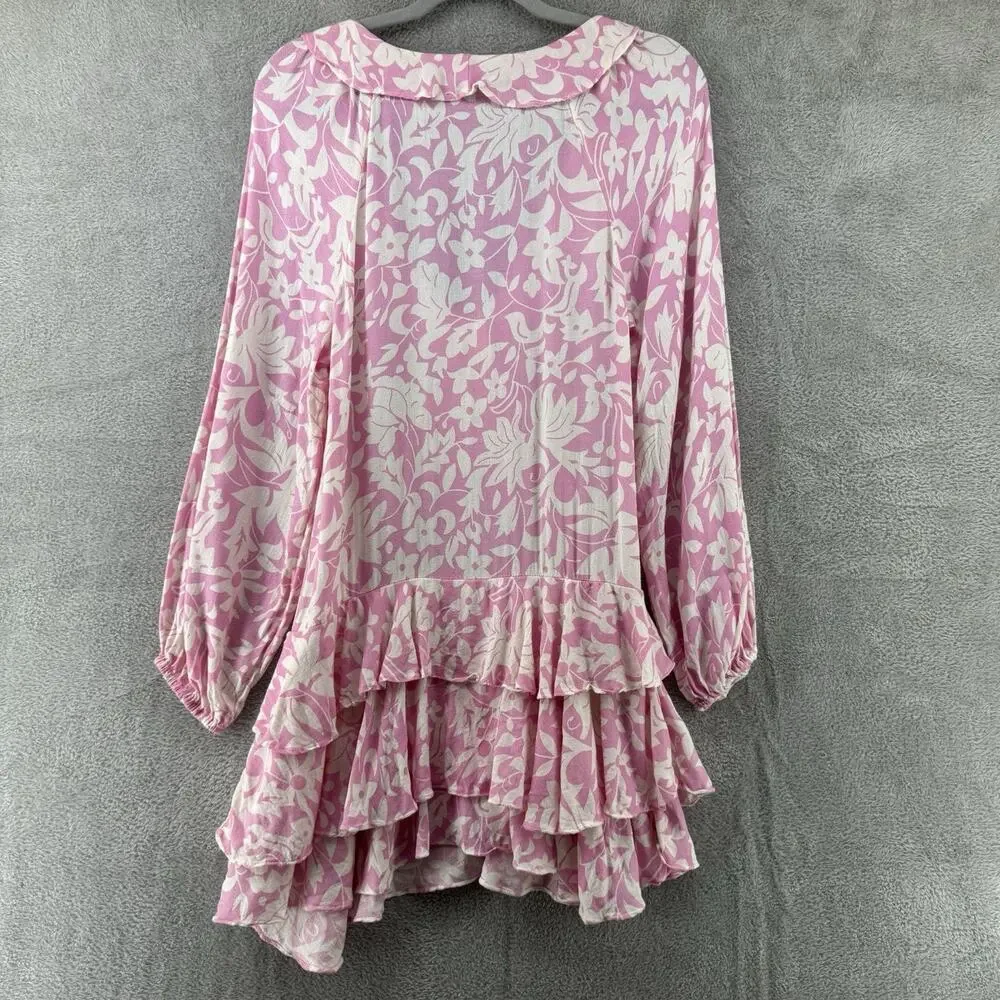 Free People Dress Womens XS Pink Rebecca Floral Ruffle Ballon Long Sleeve V-Neck